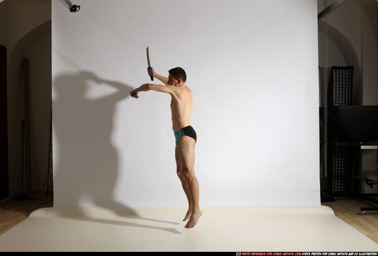 Man Adult Athletic White Fighting with sword Moving poses Underwear