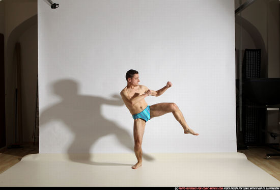 Man Adult Athletic White Kick fight Moving poses Underwear