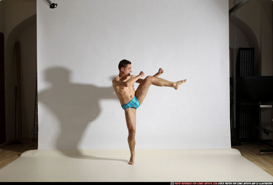 Man Adult Athletic White Kick fight Moving poses Underwear