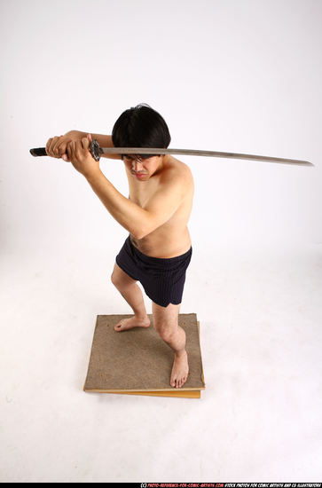 Man Adult Average Fighting with sword Standing poses Underwear Asian