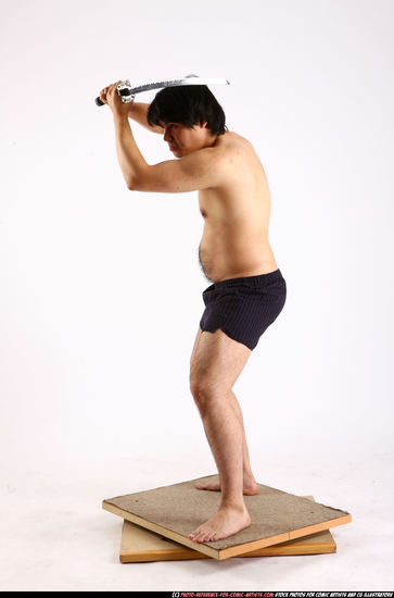 Man Adult Average Fighting with sword Standing poses Underwear Asian