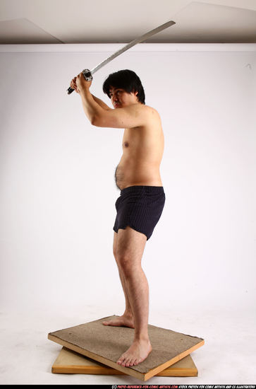 Man Adult Average Fighting with sword Standing poses Underwear Asian