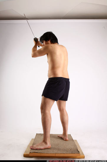 Man Adult Average Fighting with sword Standing poses Underwear Asian