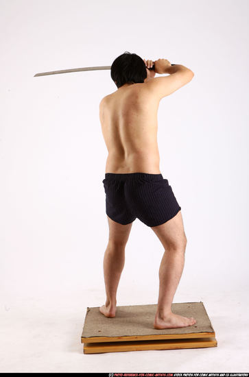 Man Adult Average Fighting with sword Standing poses Underwear Asian