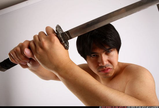 Man Adult Average Fighting with sword Standing poses Underwear Asian