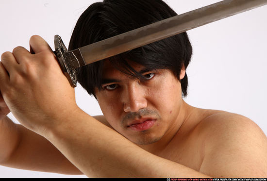 Man Adult Average Fighting with sword Standing poses Underwear Asian