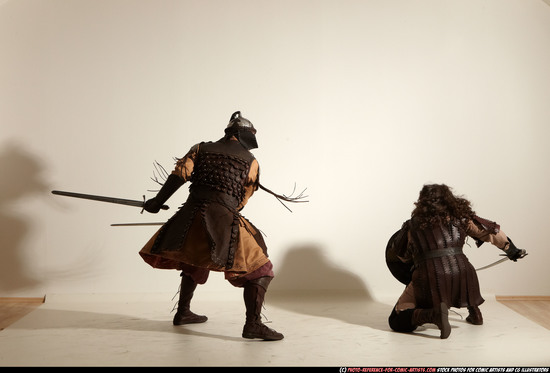 Adult Average White Fighting with sword Moving poses Army Men