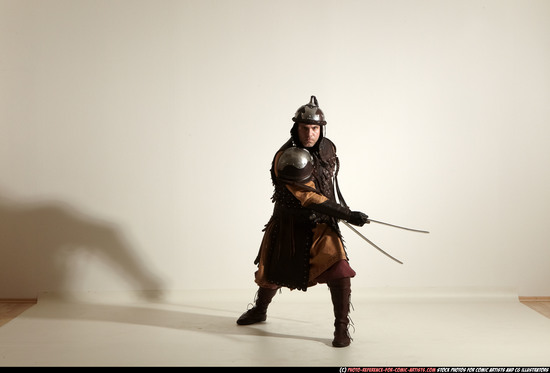 Man Adult Athletic White Fighting with sword Moving poses Army