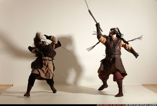 Adult Average White Fighting with sword Moving poses Army Men