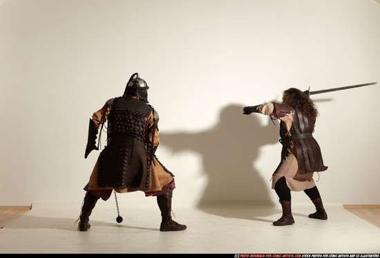 Adult Average White Fighting with sword Moving poses Army Men