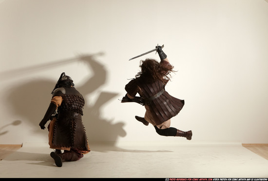 Adult Average White Fighting with sword Moving poses Army Men