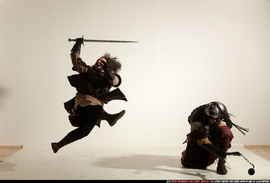 Adult Average White Fighting with sword Moving poses Army Men