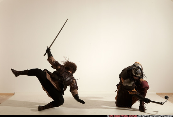 Adult Average White Fighting with sword Moving poses Army Men