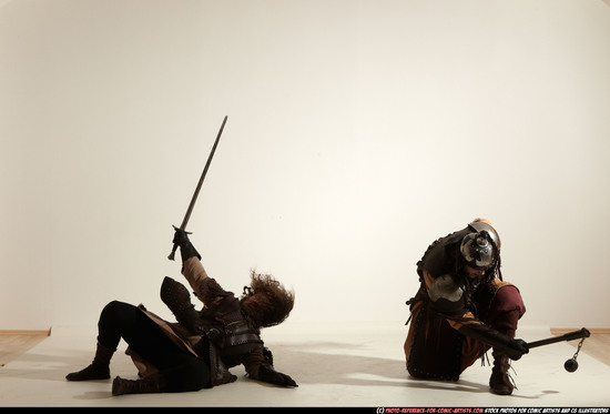 Adult Average White Fighting with sword Moving poses Army Men