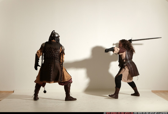 Adult Average White Fighting with sword Moving poses Army Men