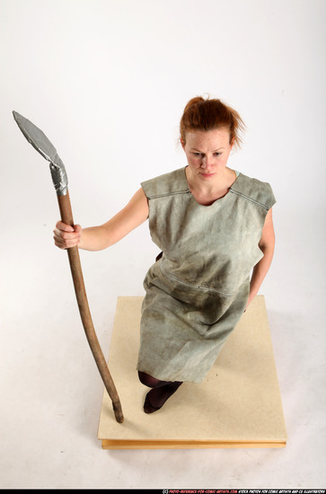 Woman Adult Average White Fighting with spear Kneeling poses Army