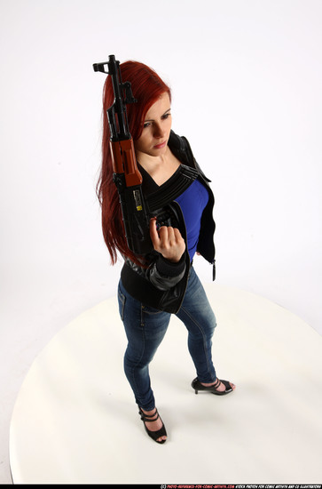 Woman Young Athletic White Fighting with submachine gun Standing poses Casual