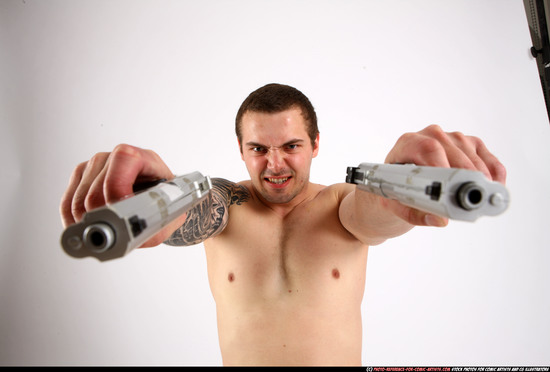 Man Adult Athletic White Fighting with gun Kneeling poses Pants