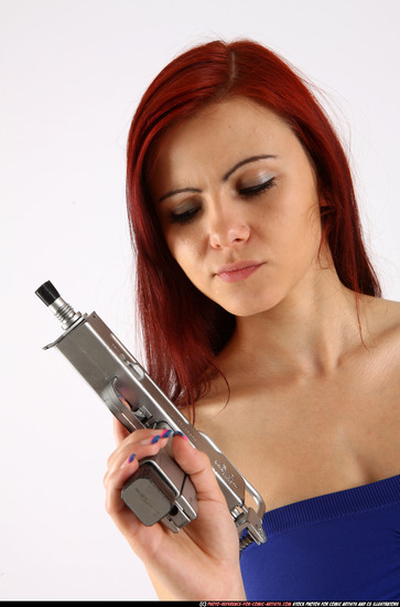 Woman Young Athletic White Fighting with submachine gun Standing poses Casual