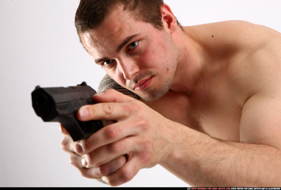 Man Adult Athletic White Fighting with gun Kneeling poses Pants