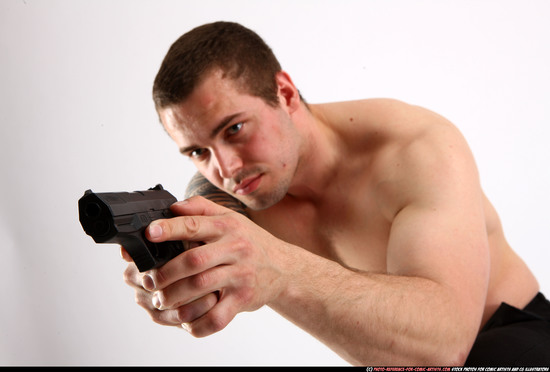 Man Adult Athletic White Fighting with gun Kneeling poses Pants