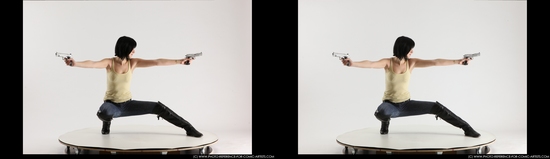 Woman Young Athletic White Fighting with gun Kneeling poses Casual