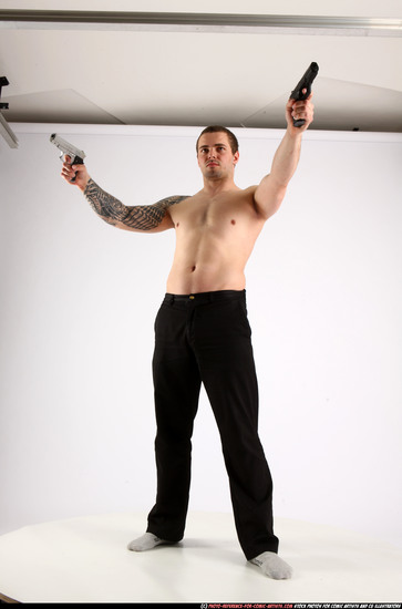 Man Adult Athletic White Fighting with gun Standing poses Pants