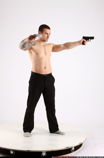 Man Adult Athletic White Fighting with gun Standing poses Pants