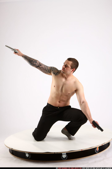 Man Adult Athletic White Fighting with gun Kneeling poses Pants