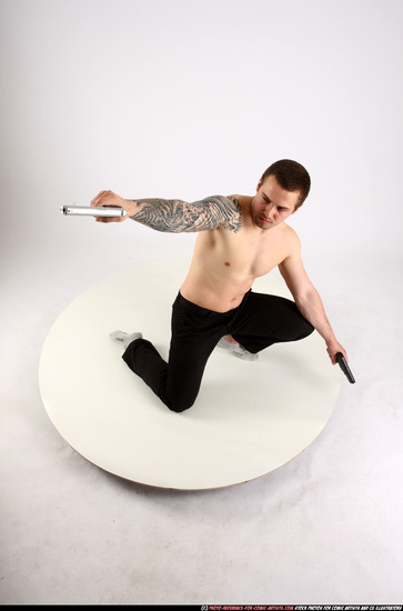 Man Adult Athletic White Fighting with gun Kneeling poses Pants