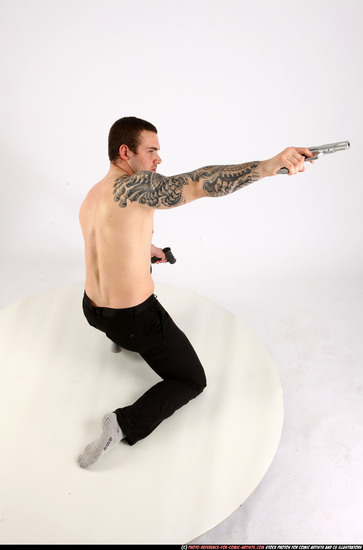 Man Adult Athletic White Fighting with gun Kneeling poses Pants