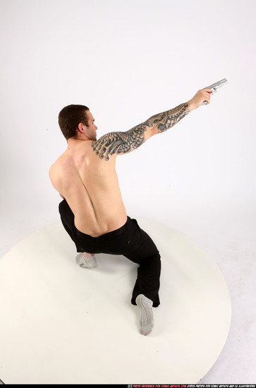 Man Adult Athletic White Fighting with gun Kneeling poses Pants