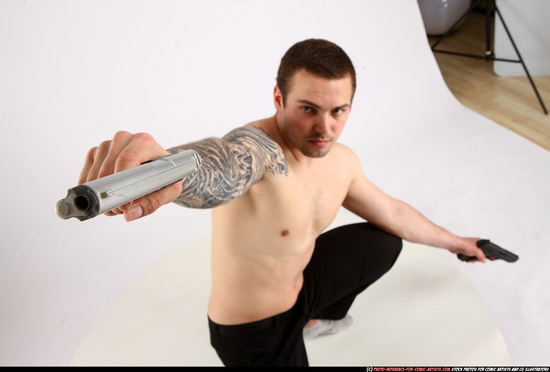 Man Adult Athletic White Fighting with gun Kneeling poses Pants