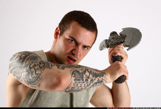 Man Adult Athletic White Fighting with sword Standing poses Army