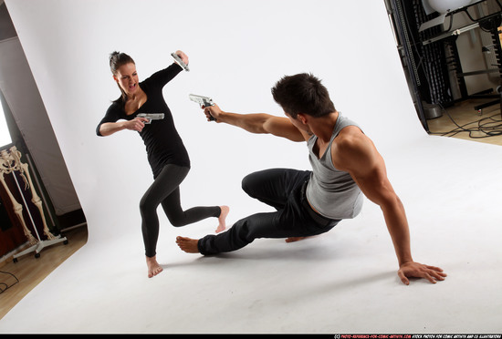 Man & Woman Adult Athletic White Fighting with gun Moving poses Casual