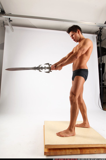 Man Adult Muscular White Fighting with sword Standing poses Underwear