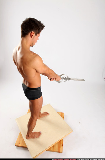 Man Adult Muscular White Fighting with sword Standing poses Underwear