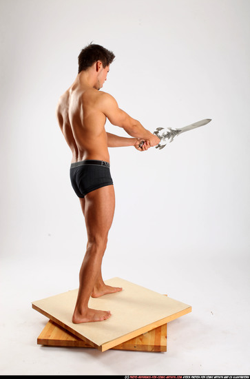 Man Adult Muscular White Fighting with sword Standing poses Underwear