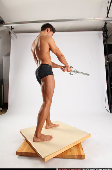 Man Adult Muscular White Fighting with sword Standing poses Underwear