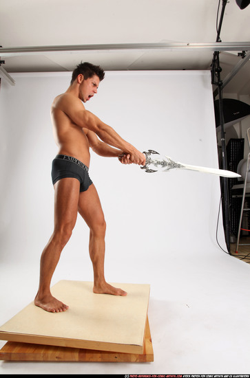 Man Adult Muscular White Fighting with sword Standing poses Underwear