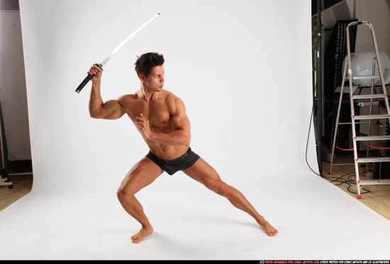 Man Adult Muscular White Fighting with sword Standing poses Underwear