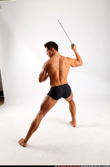 Man Adult Muscular White Fighting with sword Standing poses Underwear