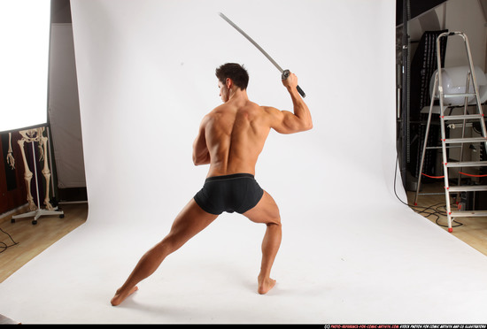 Man Adult Muscular White Fighting with sword Standing poses Underwear