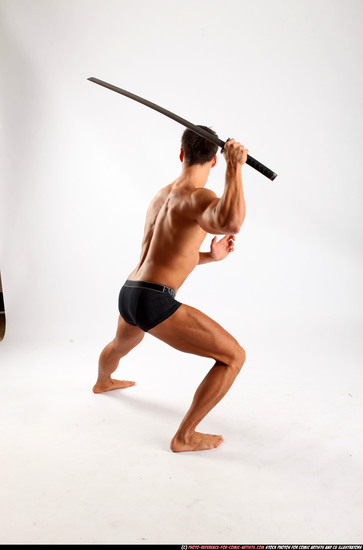 Man Adult Muscular White Fighting with sword Standing poses Underwear