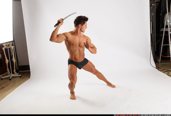 Man Adult Muscular White Fighting with sword Standing poses Underwear