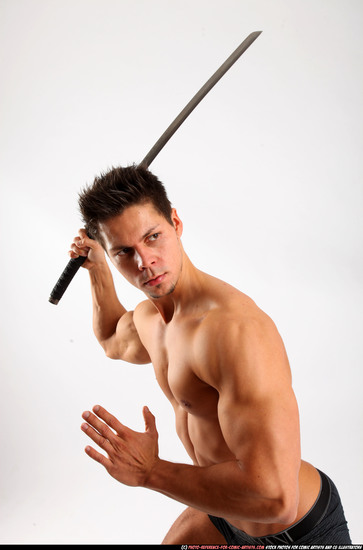 Man Adult Muscular White Fighting with sword Standing poses Underwear