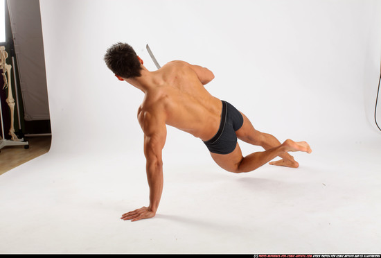 Man Adult Muscular White Fighting with sword Moving poses Underwear