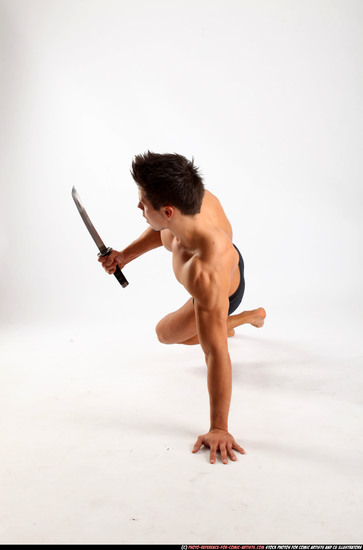 Man Adult Muscular White Fighting with sword Moving poses Underwear