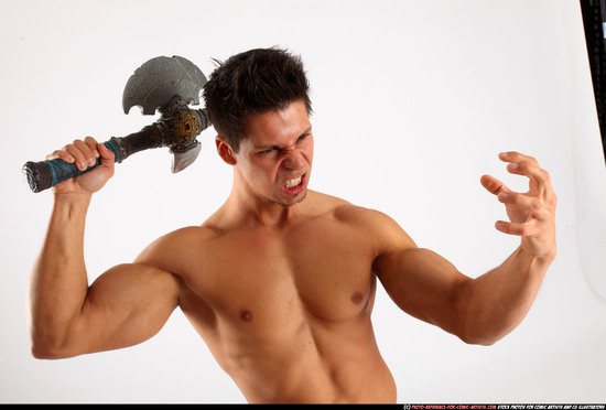 Man Adult Muscular White Fighting with sword Standing poses Underwear