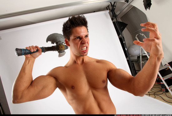 Man Adult Muscular White Fighting with sword Standing poses Underwear